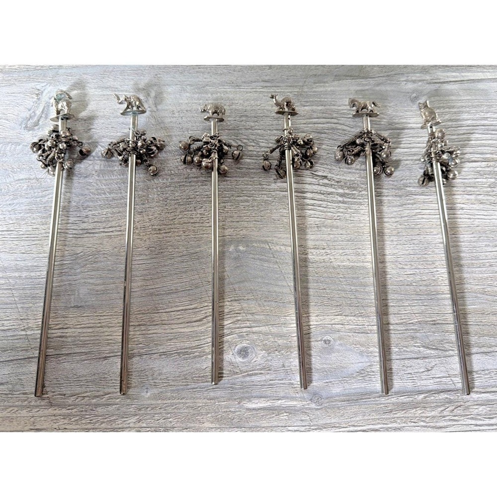 Set 6 Vintage Drink Swizzle Sticks Silver Animals W/ Bells Hippo Cat Camel Horse